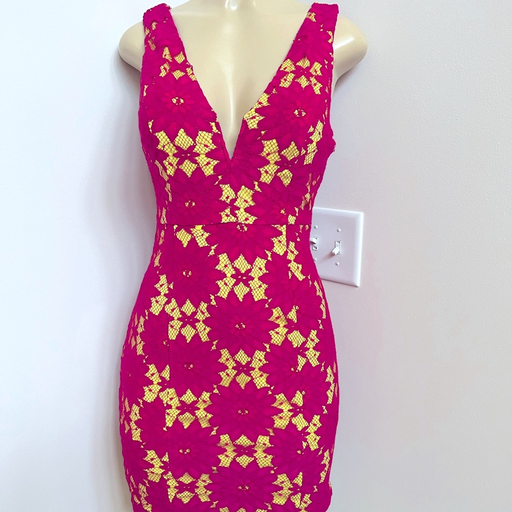 Nikibiki floral lace fuchsia and green bodycon dress.